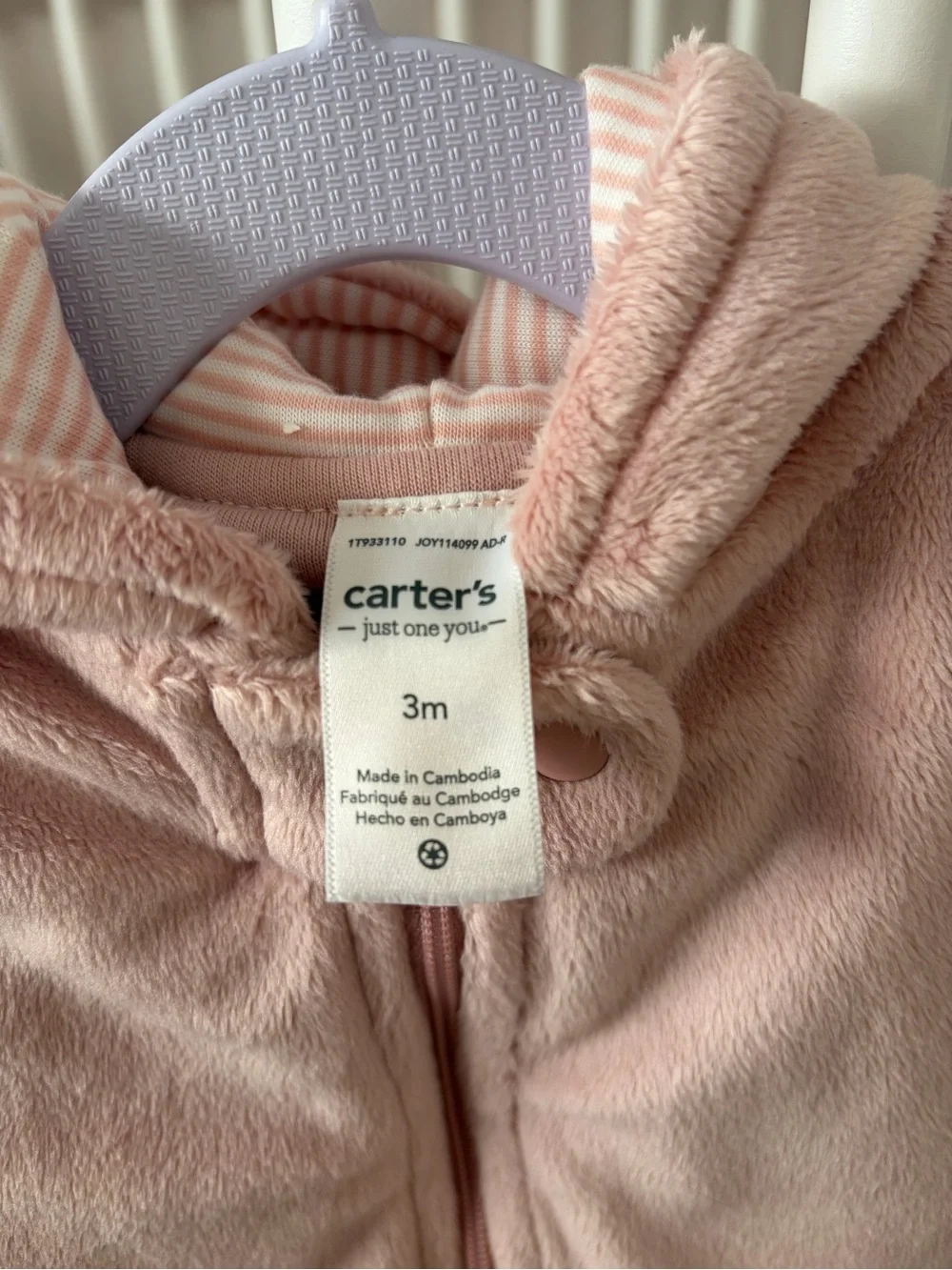 NWOT Carter's 3m Light Pink Hooded Fleece Baby Zipper Bear Footie